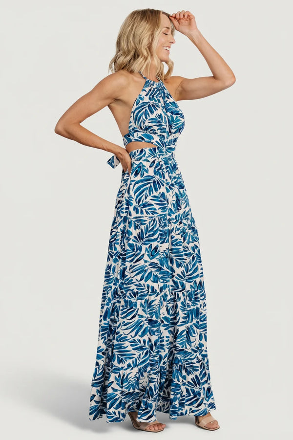 Brett Halter Maxi Dress | Cobalt Print