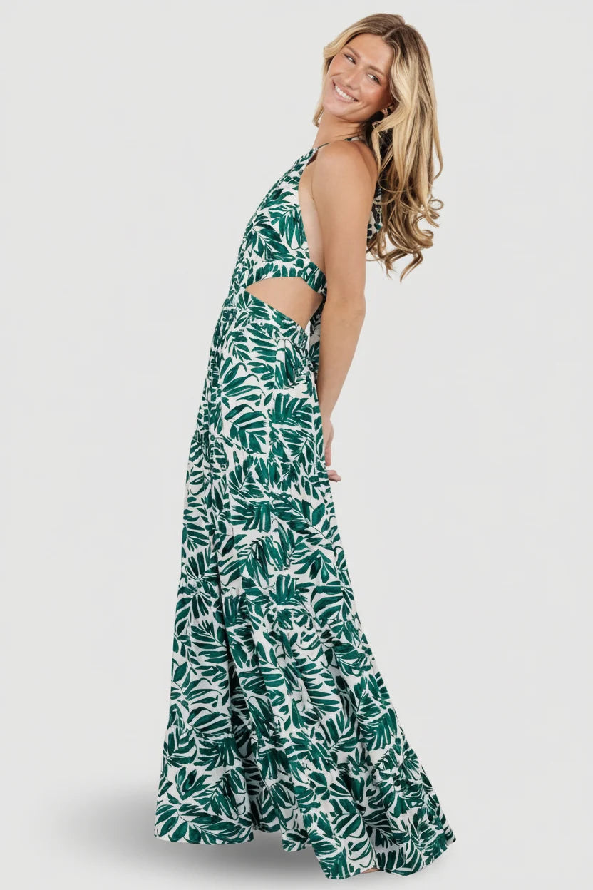Brett Halter Maxi Dress | Palm Green Print