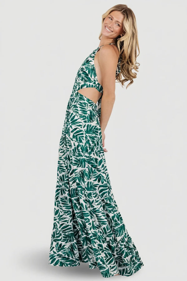 Brett Halter Maxi Dress | Palm Green Print