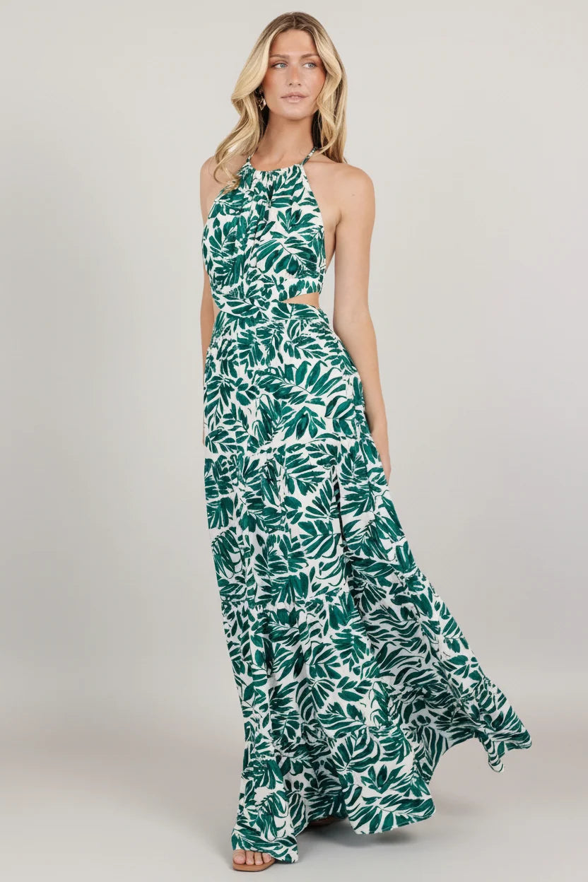 Brett Halter Maxi Dress | Palm Green Print Main image