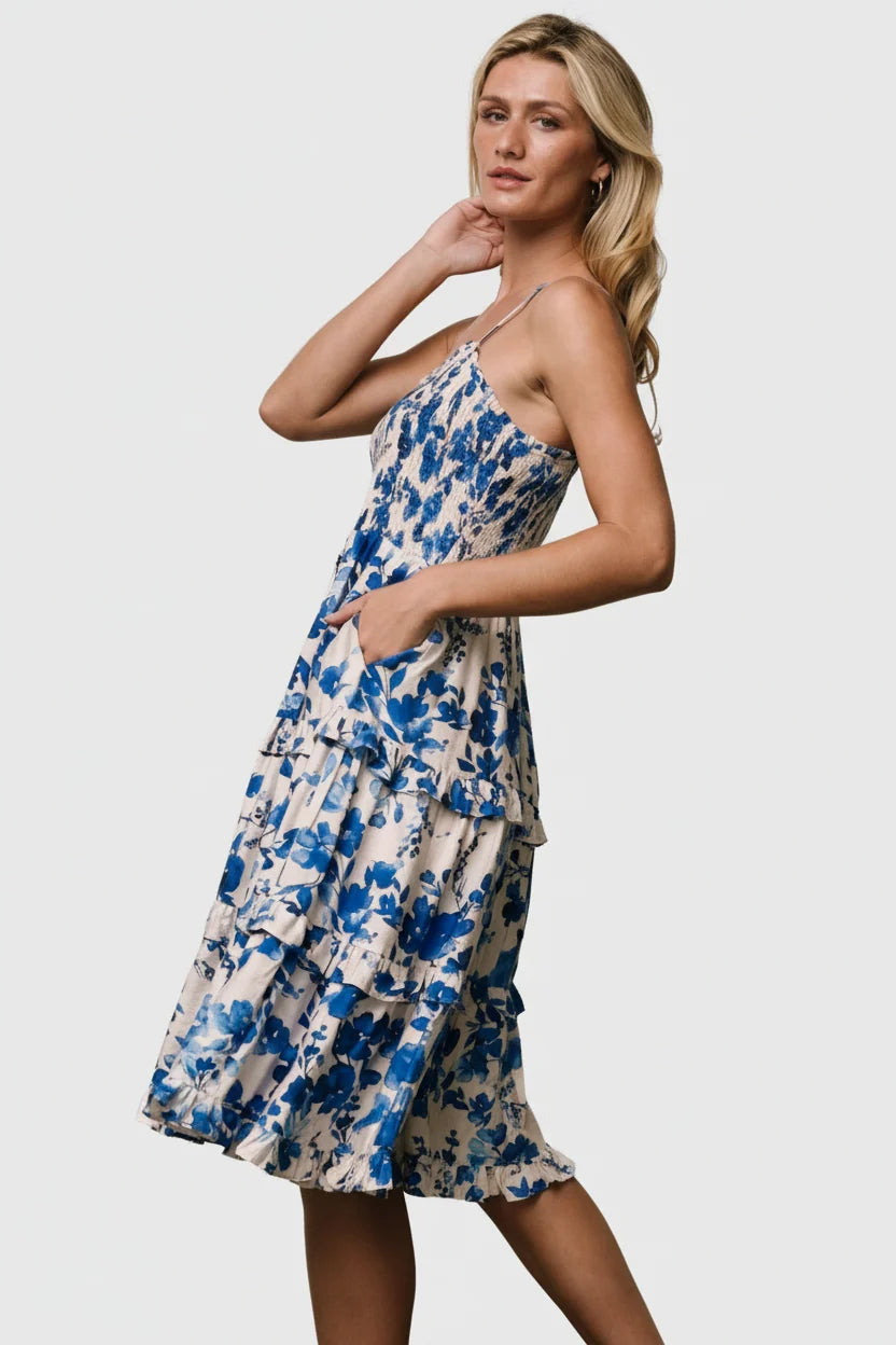 Calina Midi Dress | Ivory + Blue Floral