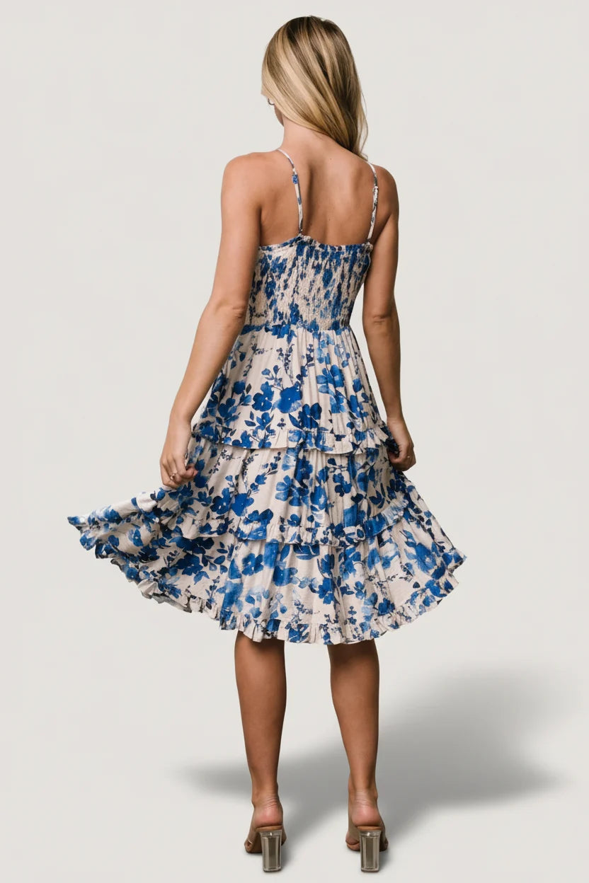 Calina Midi Dress | Ivory + Blue Floral