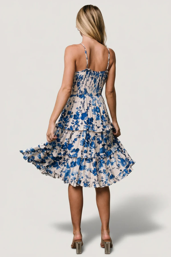 Calina Midi Dress | Ivory + Blue Floral