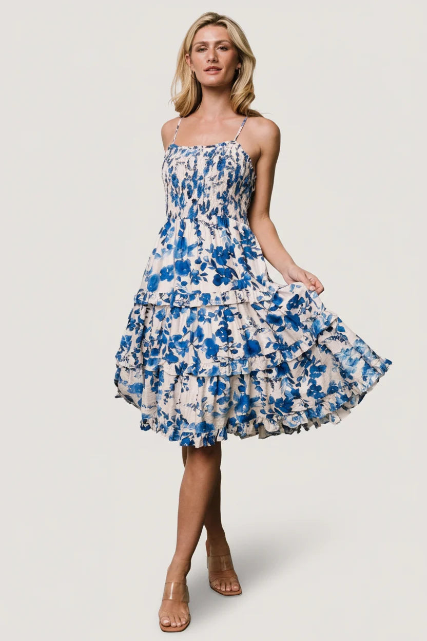 Calina Midi Dress | Ivory + Blue Floral