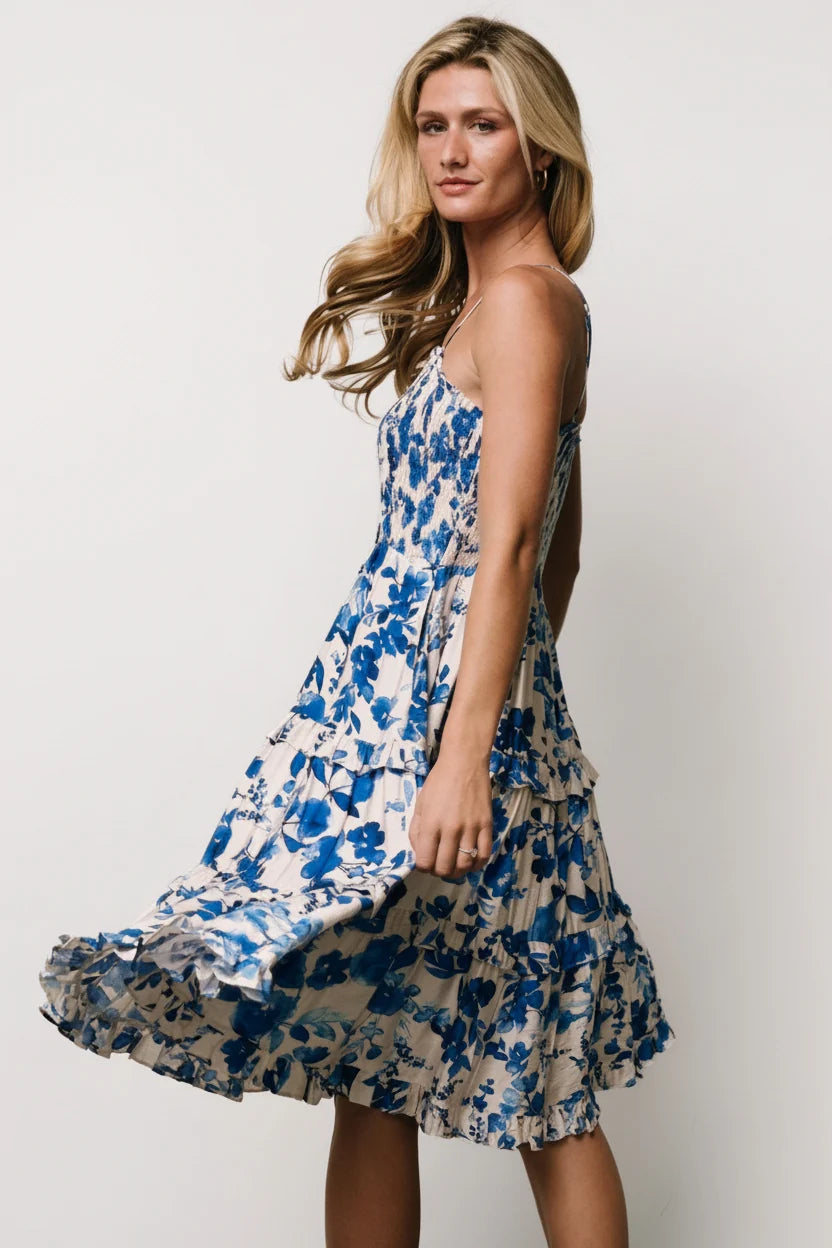 Calina Midi Dress | Ivory + Blue Floral
