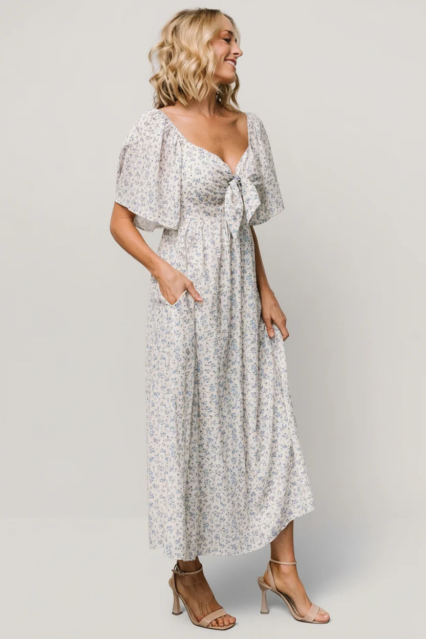 Carah Tie Dress | Off White + Blue Floral
