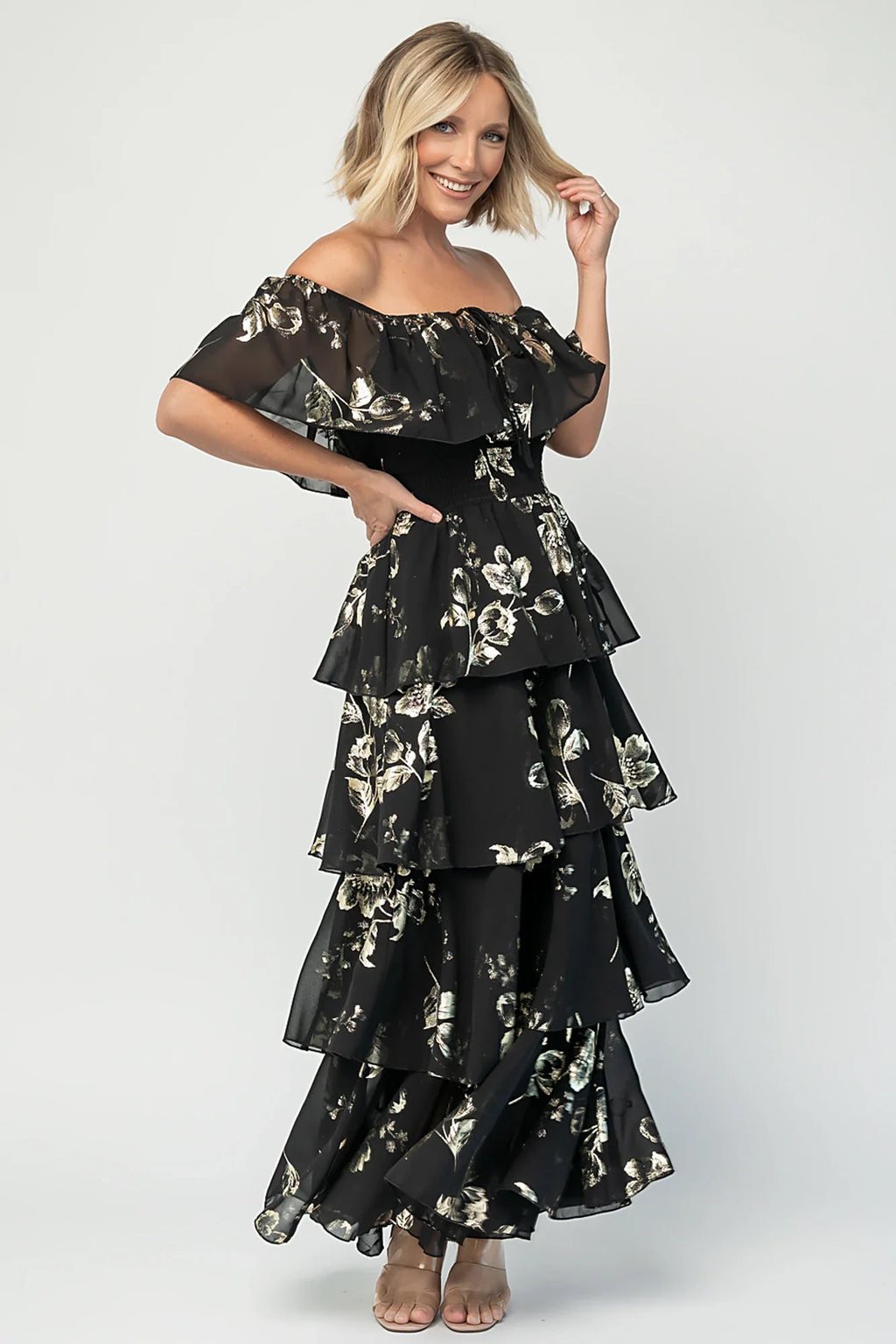 Carina Off Shoulder Maxi Dress | Black + Gold