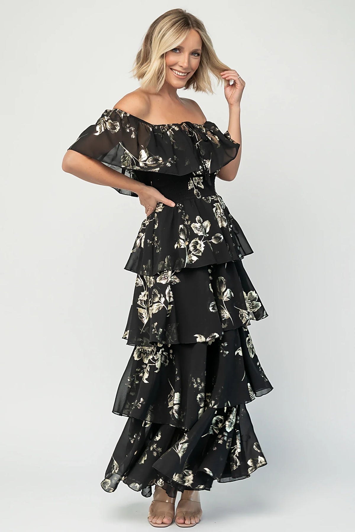 Carina Off Shoulder Maxi Dress | Black + Gold