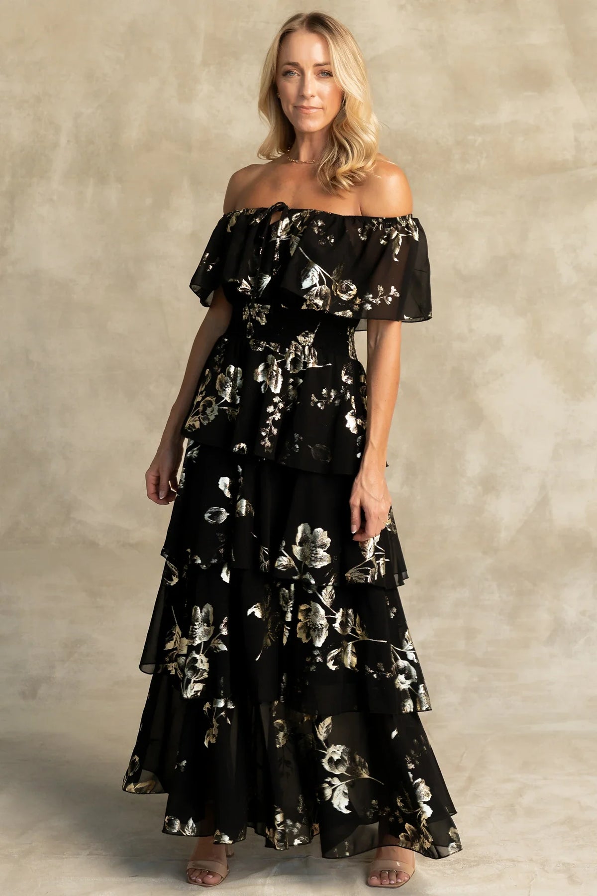 Carina Off Shoulder Maxi Dress | Black + Gold Main image