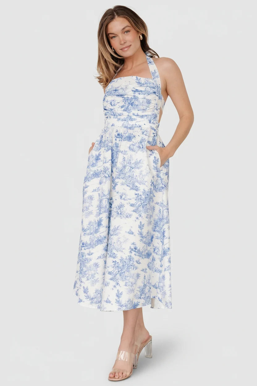 Carolyn Halter Midi Dress | White + Blue