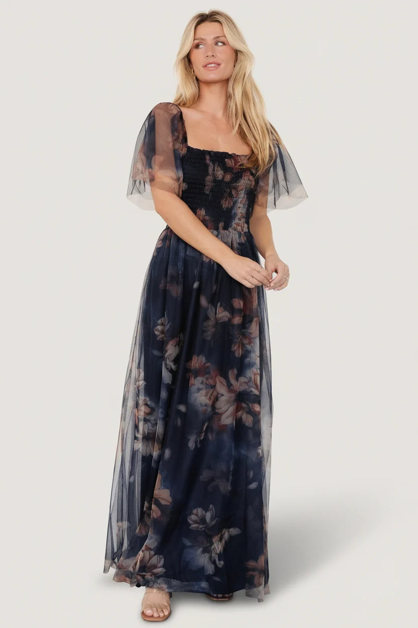 Cassandra Tulle Maxi Dress | Dark Blue Floral