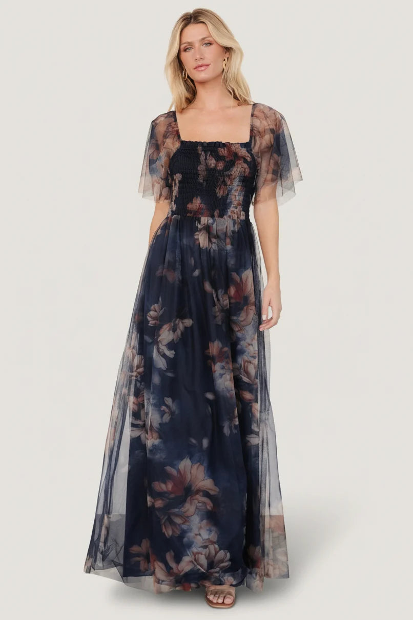 Cassandra Tulle Maxi Dress | Dark Blue Floral Main image