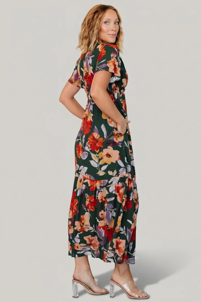 Cassie Short Sleeve Dress | Dark Green Floral