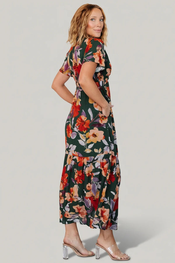 Cassie Short Sleeve Dress | Dark Green Floral