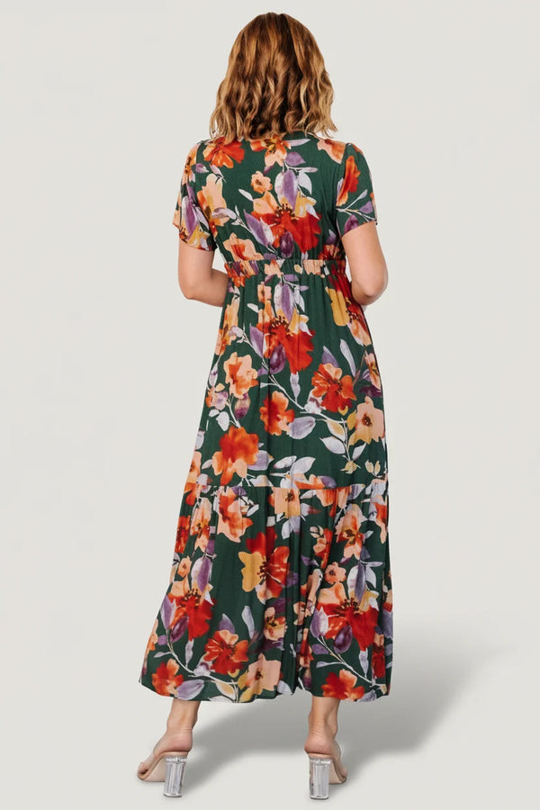 Cassie Short Sleeve Dress | Dark Green Floral