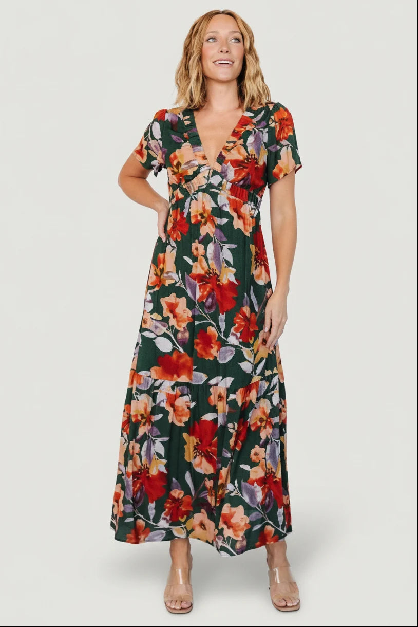 Cassie Short Sleeve Dress | Dark Green Floral Main image