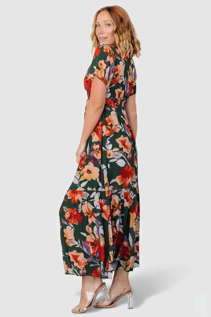Cassie Short Sleeve Dress | Dark Green Floral