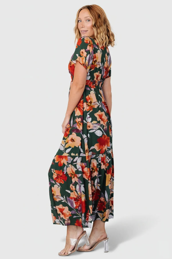 Cassie Short Sleeve Dress | Dark Green Floral
