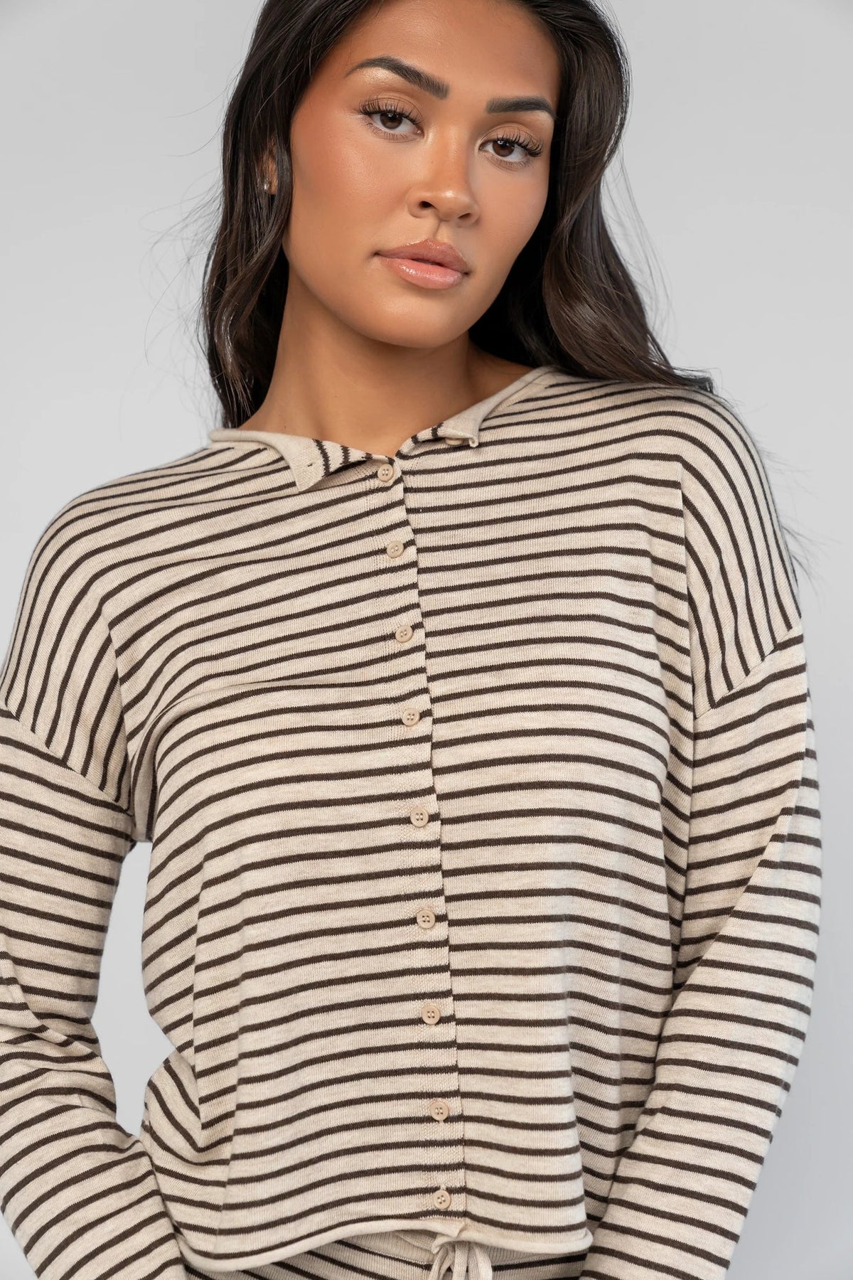 Charlene Cozy Stripe Lounge Set | Oatmeal + Brown