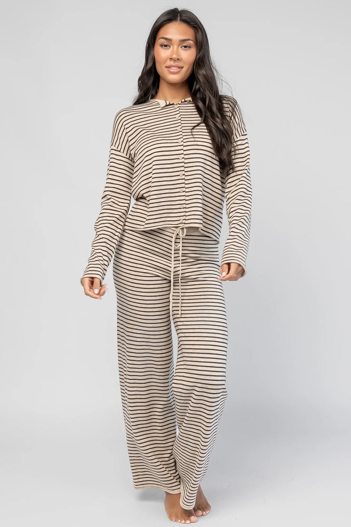 Charlene Cozy Stripe Lounge Set | Oatmeal + Brown Main image