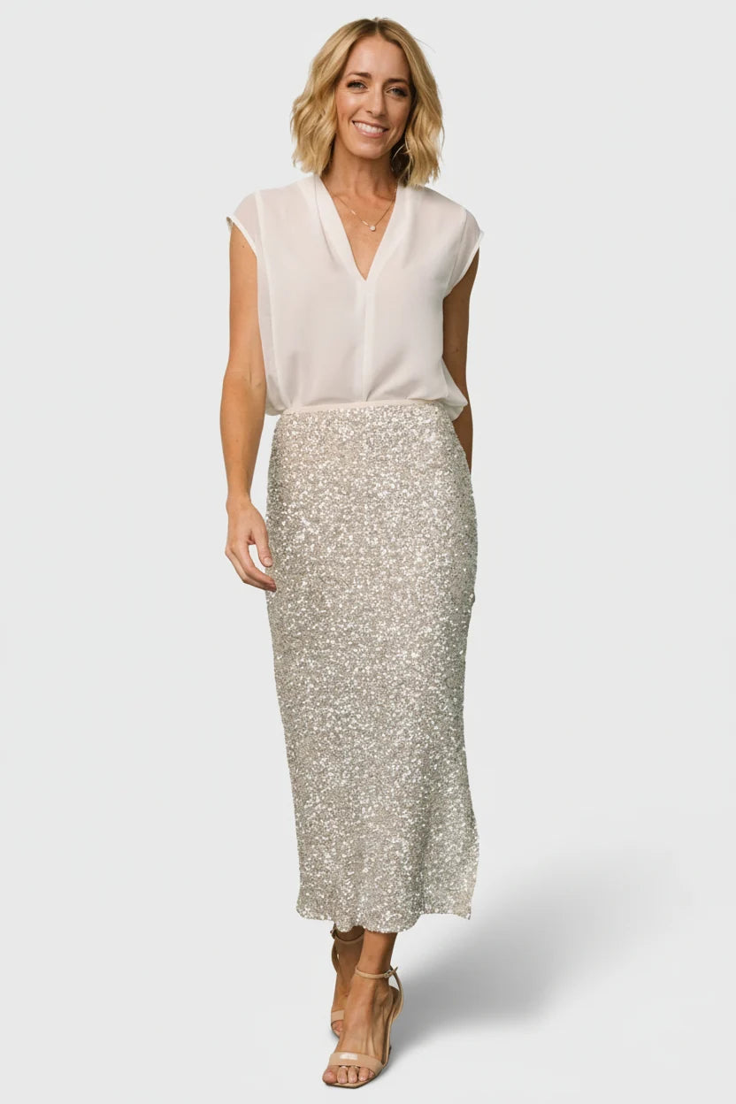 Charmed Sequin Midi Skirt | Champagne