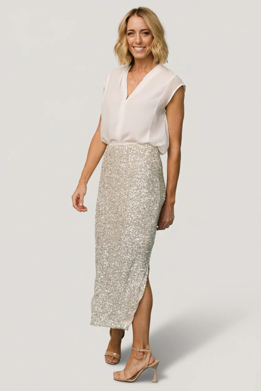 Charmed Sequin Midi Skirt | Champagne