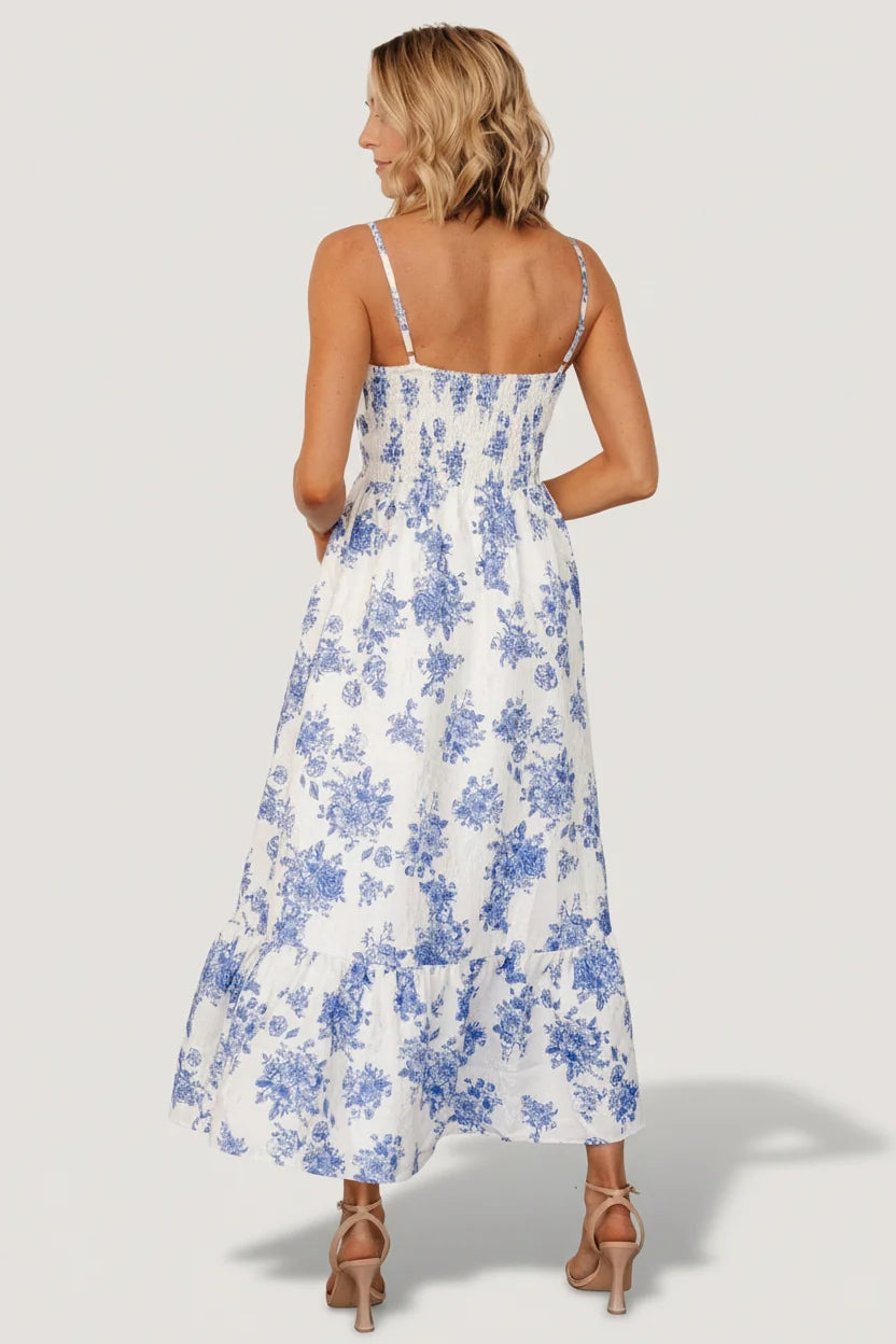Cherie Jacquard Dress | Off White + Blue Floral