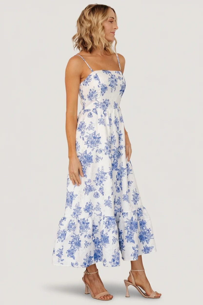 Cherie Jacquard Dress | Off White + Blue Floral