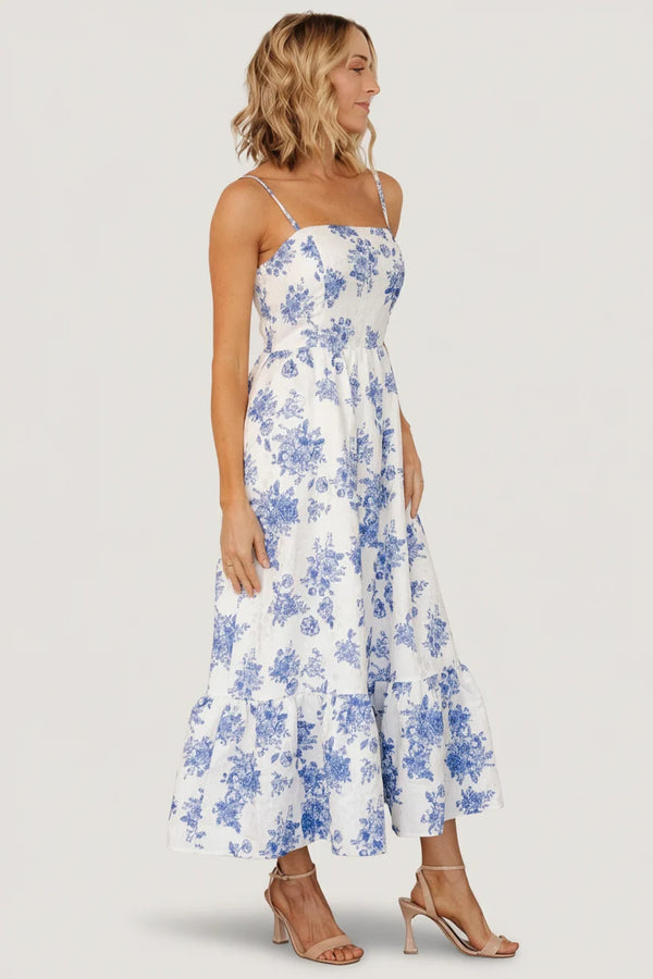 Cherie Jacquard Dress | Off White + Blue Floral