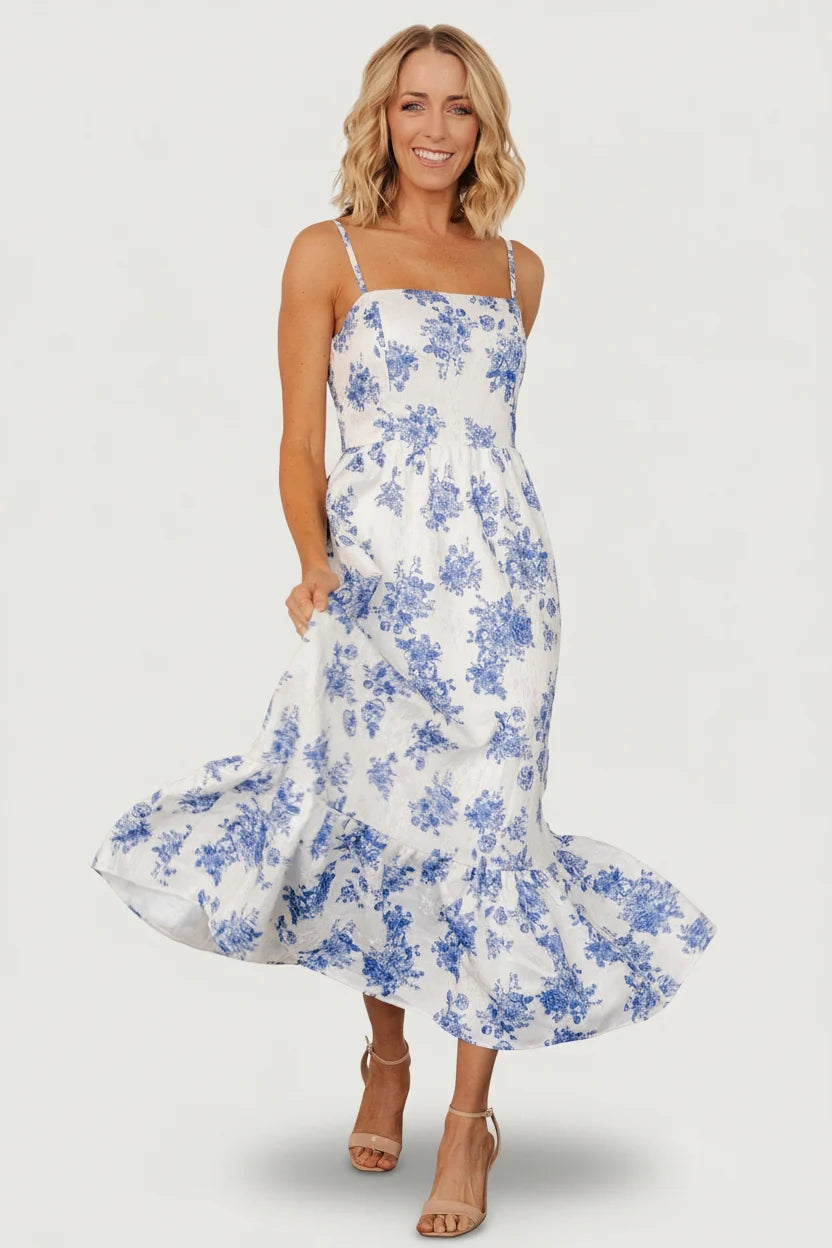 Cherie Jacquard Dress | Off White + Blue Floral Main image