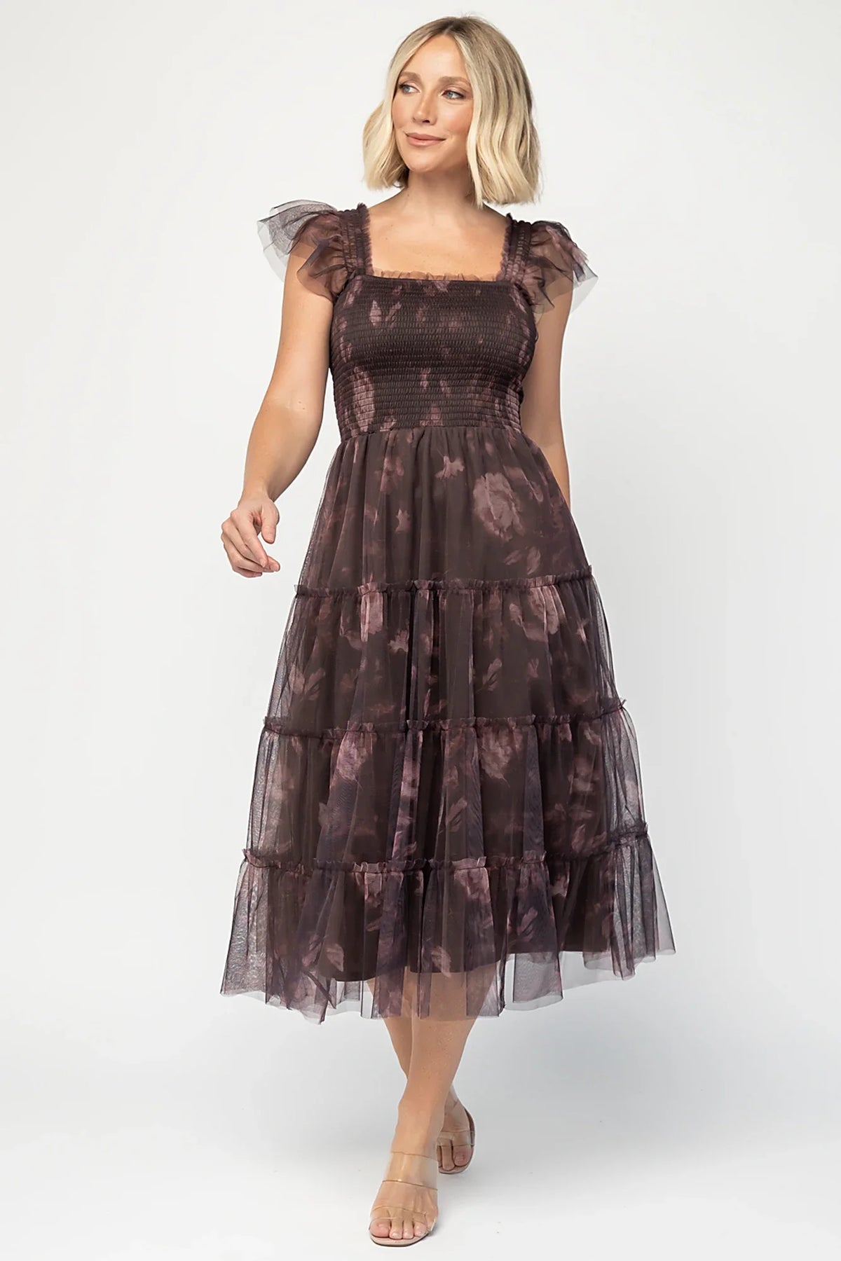 Clementine Tulle Midi Dress | Dark Clove Print