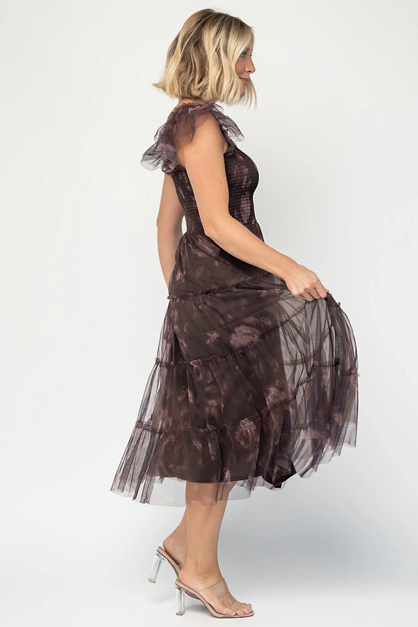 Clementine Tulle Midi Dress | Dark Clove Print