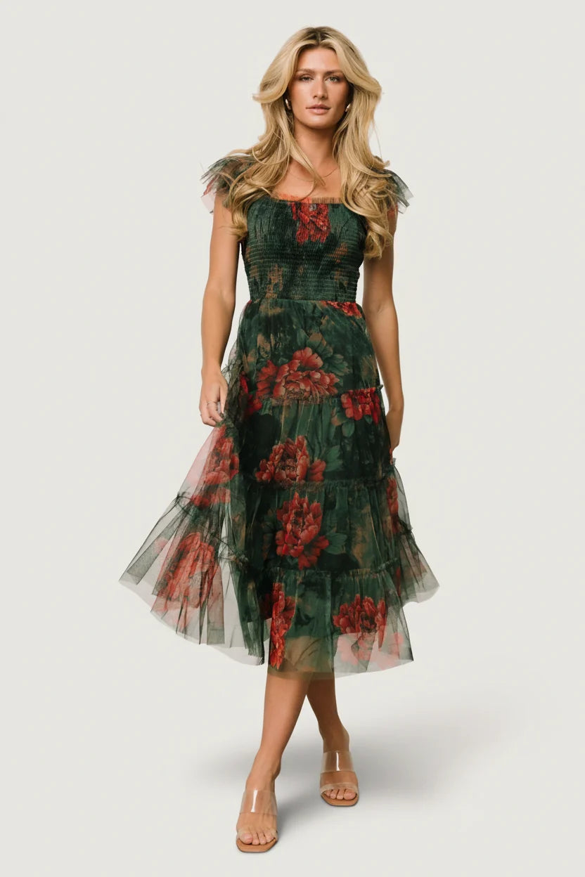 Clementine Tulle Midi Dress | Dark Green Floral Main image