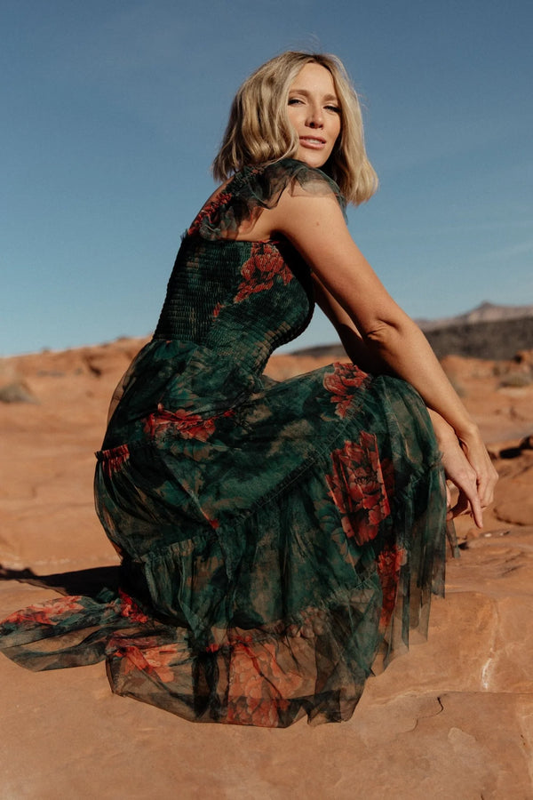 Clementine Tulle Midi Dress | Dark Green Floral