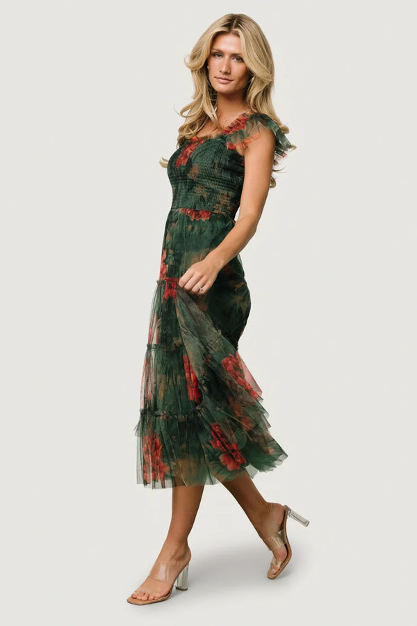 Clementine Tulle Midi Dress | Dark Green Floral