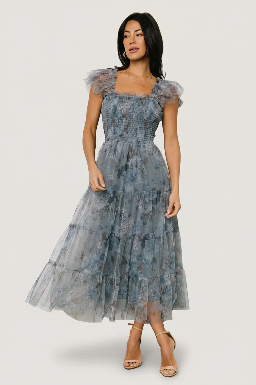 Clementine Tulle Midi Dress | Dusty Blue Floral