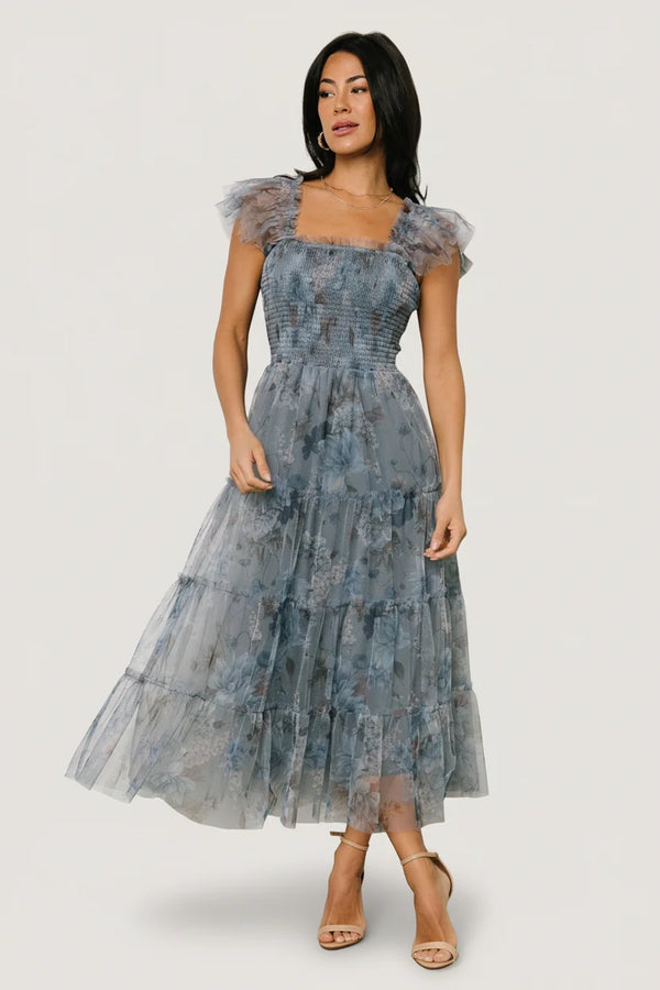 Clementine Tulle Midi Dress | Dusty Blue Floral