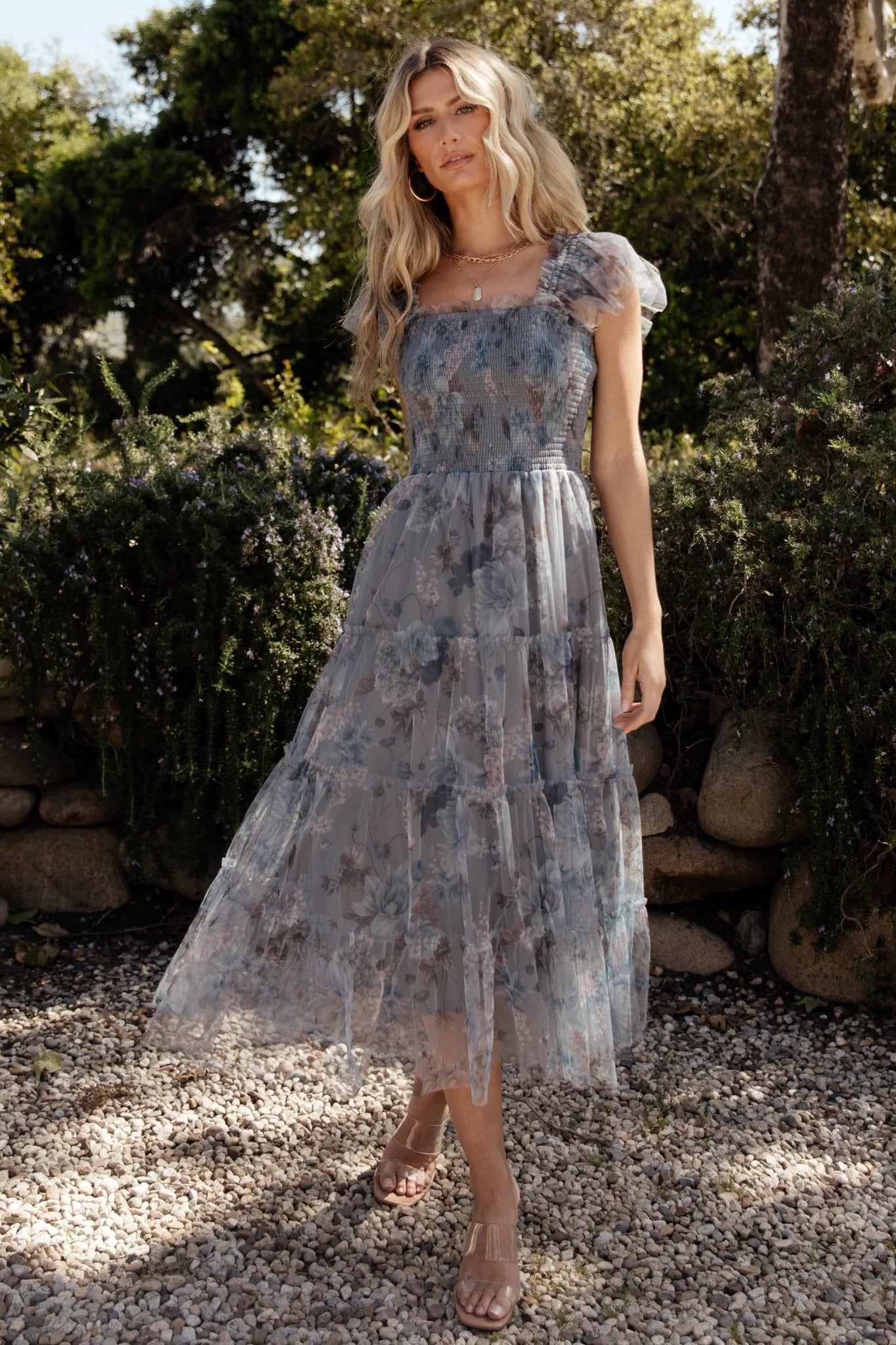 Clementine Tulle Midi Dress | Dusty Blue Floral Secondary image