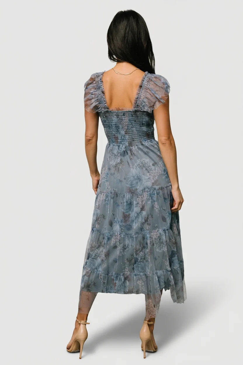 Clementine Tulle Midi Dress | Dusty Blue Floral