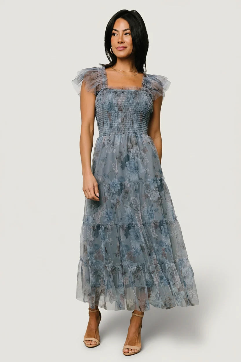 Clementine Tulle Midi Dress | Dusty Blue Floral Main image