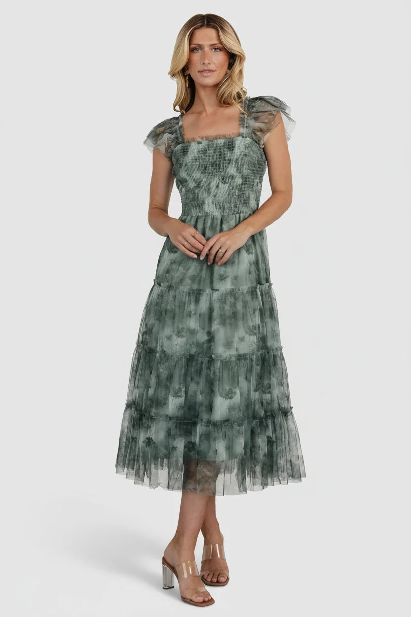 Clementine Tulle Midi Dress | Dusty Green Print Secondary image