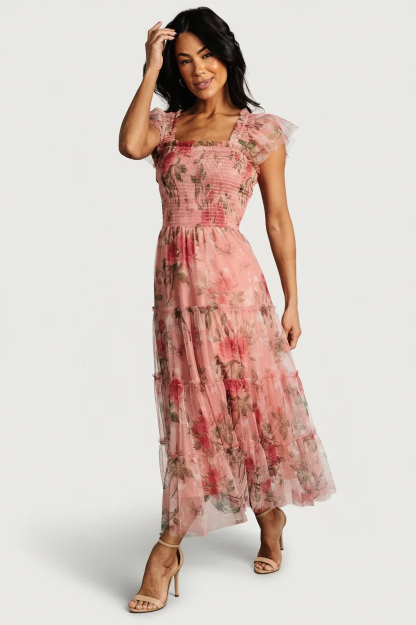 Clementine Tulle Midi Dress | Pink Rose Floral