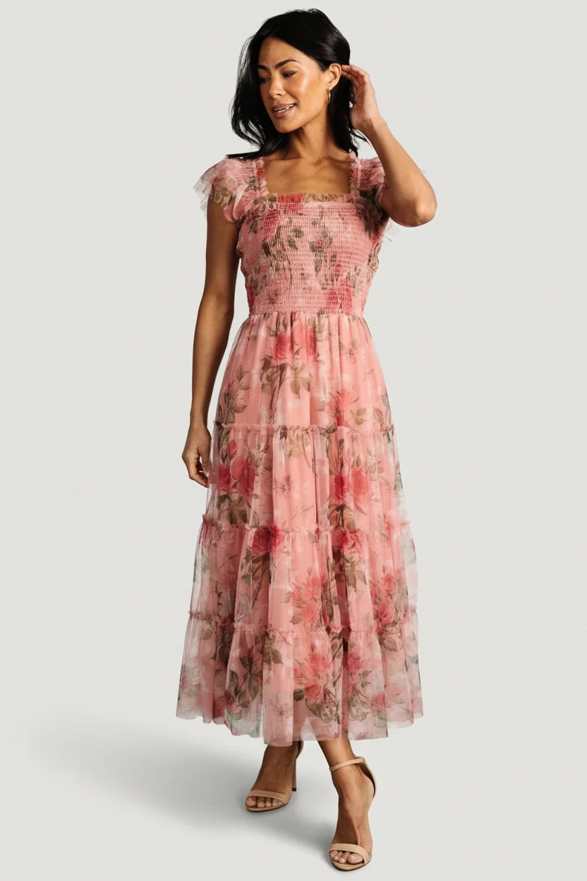 Clementine Tulle Midi Dress | Pink Rose Floral Main image