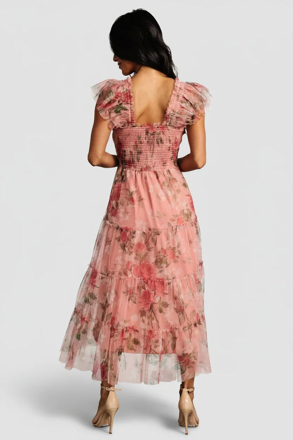 Clementine Tulle Midi Dress | Pink Rose Floral
