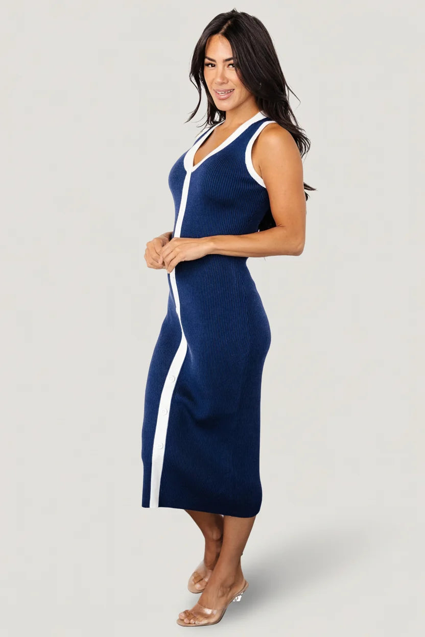 Coley Ribbed Button Dress | Navy + Off White
