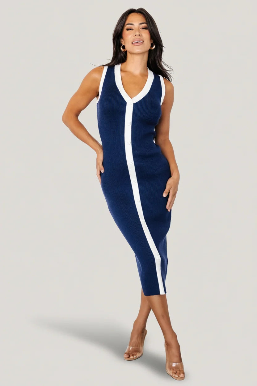 Coley Ribbed Button Dress | Navy + Off White