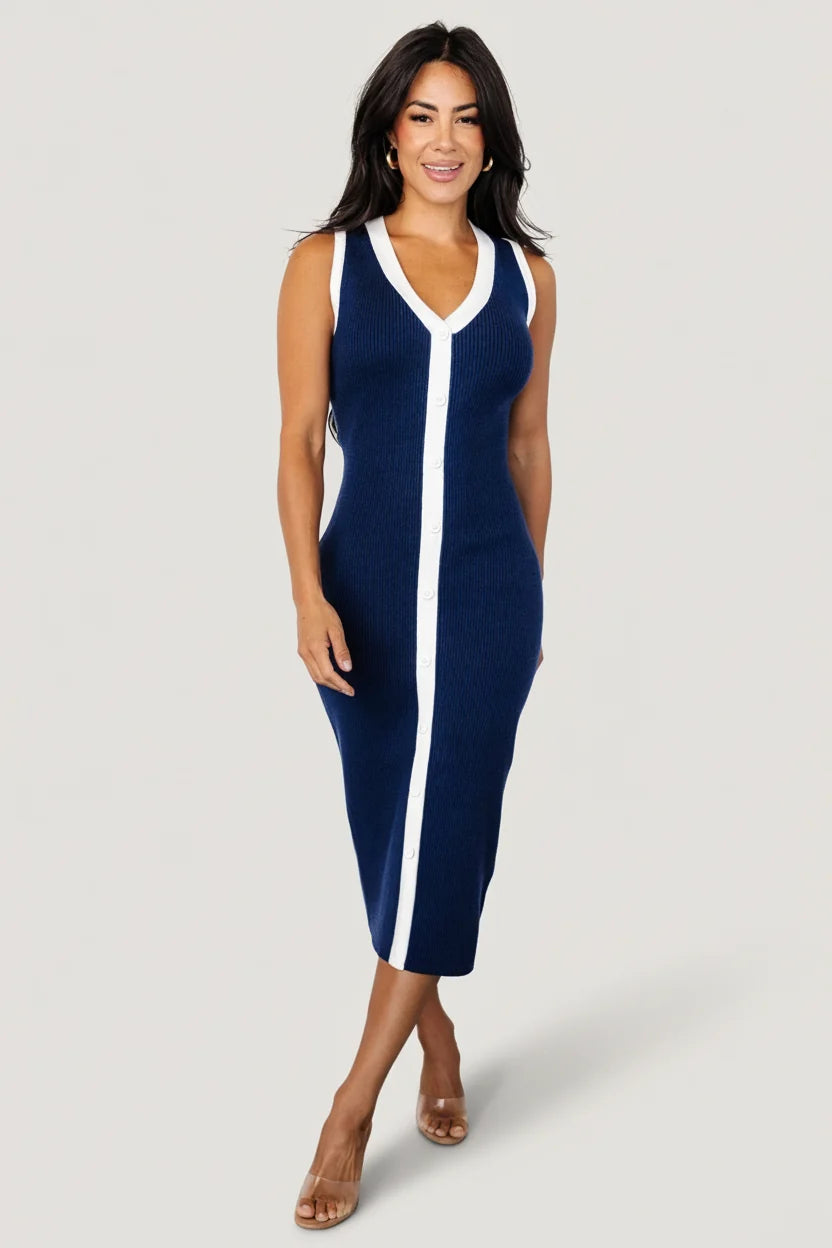 Coley Ribbed Button Dress | Navy + Off White Main image