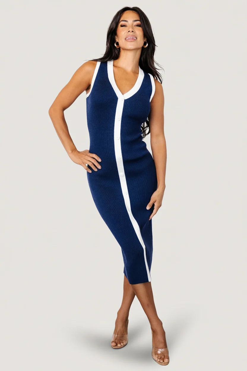 Coley Ribbed Button Dress | Navy + Off White