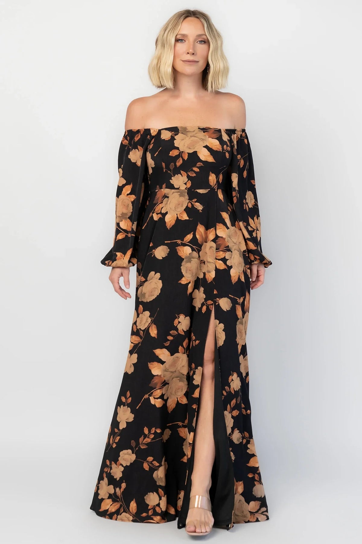 Cordelia Off Shoulder Maxi Dress | Black + Gold Floral