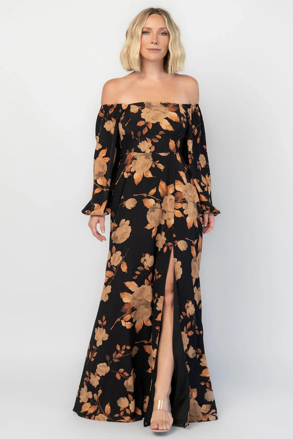 Cordelia Off Shoulder Maxi Dress | Black + Gold Floral